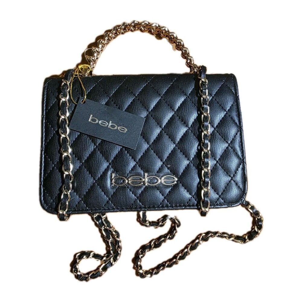 Bebe FINLAY Black Faux Leather Quilted Logo Gold Chain Crossbody Bag MSRP$79